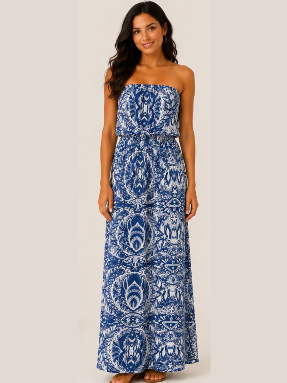 Cynthia Rowley Blue White Strapless Maxi Dress Size Small